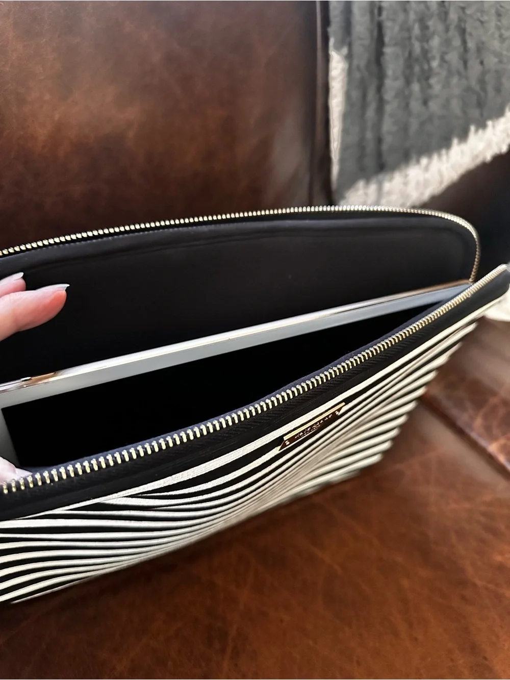 kate spade Black and White Horizontal Stripe computer pouch with Gold Plaque